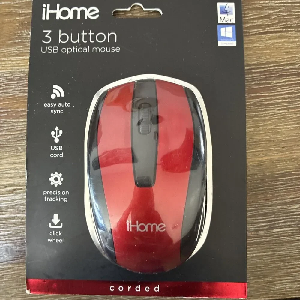 iHome Wired USB Optical Mouse for Mac Windows  3-Button Scroll Wheel RED